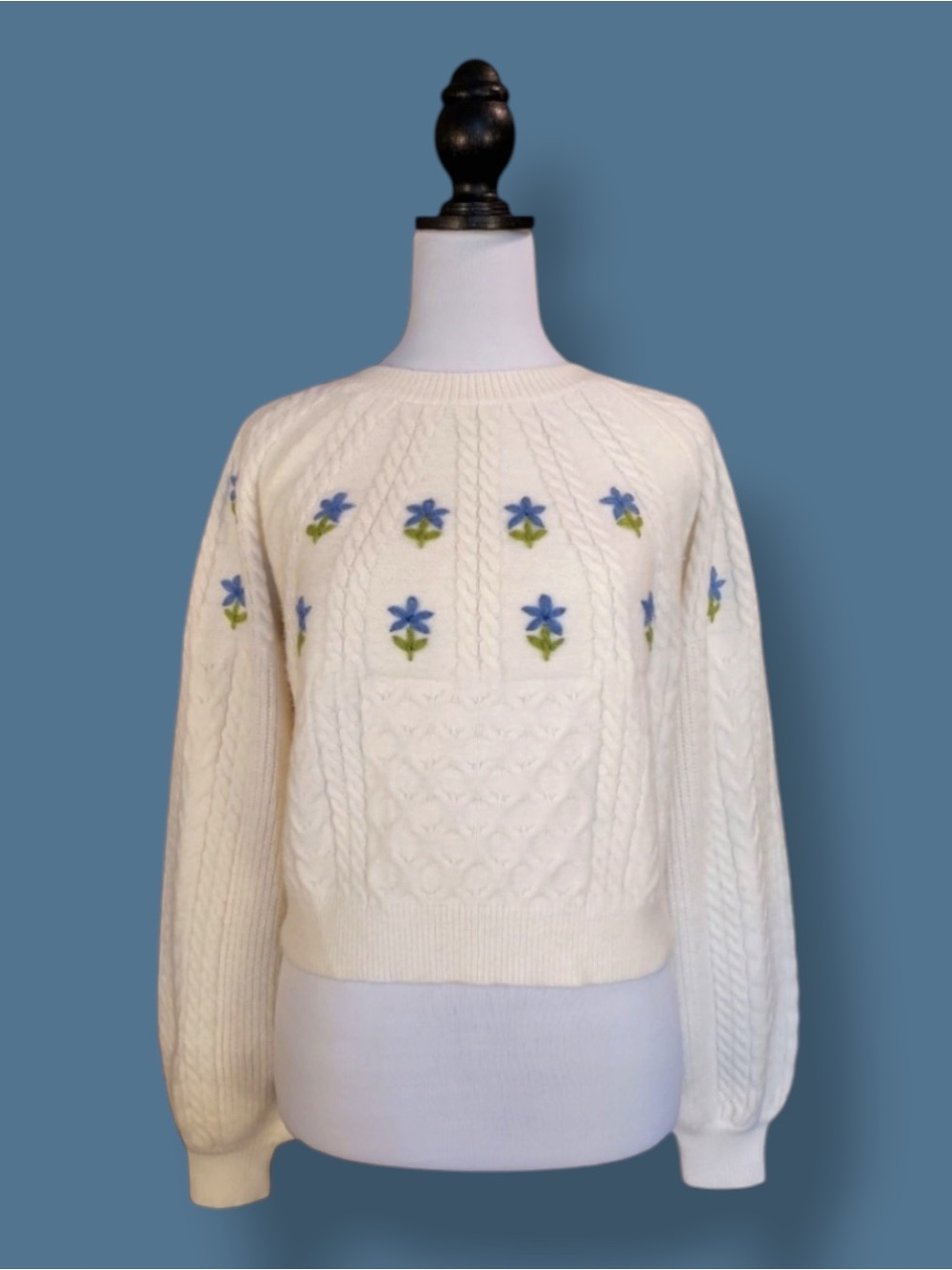 Cider Sweater Ivory Blue Floral Cable Knit Coquette Cottagecore Grandmacore XL